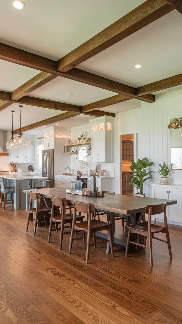 The inviting modern farmhouse dining room, adorned with a large wooden table and rustic accents, harmonizes beautifully with the farmhouse kitchen, showcasing modern farmhouse style and cute farmhouse design.