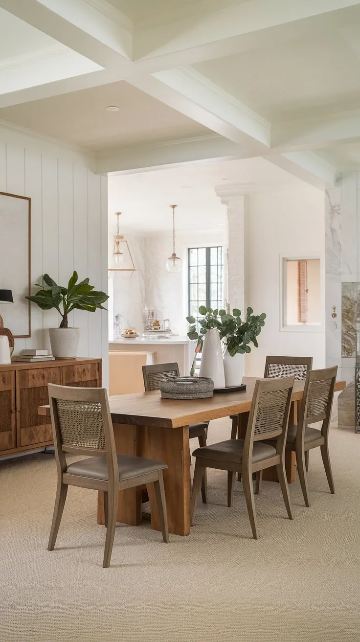 The charming modern farmhouse dining room showcases a wooden table and chairs, surrounded by farmhouse interior kitchen elements and cute farmhouse design accents.