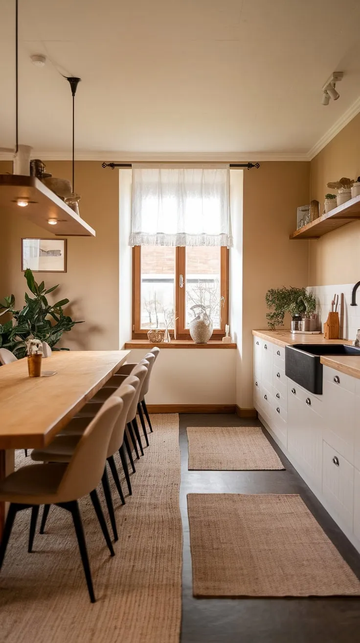 This modern farmhouse dining room features a rustic kitchen with a long wooden table, beige chairs, and warm lighting, perfectly showcasing contemporary farmhouse decor and cute farmhouse design.