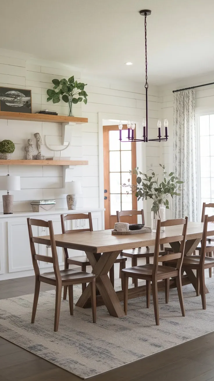 This modern farmhouse dining room showcases a large wooden table, white walls, and charming farmhouse decor, perfectly blending contemporary farmhouse style with cute farmhouse design elements.