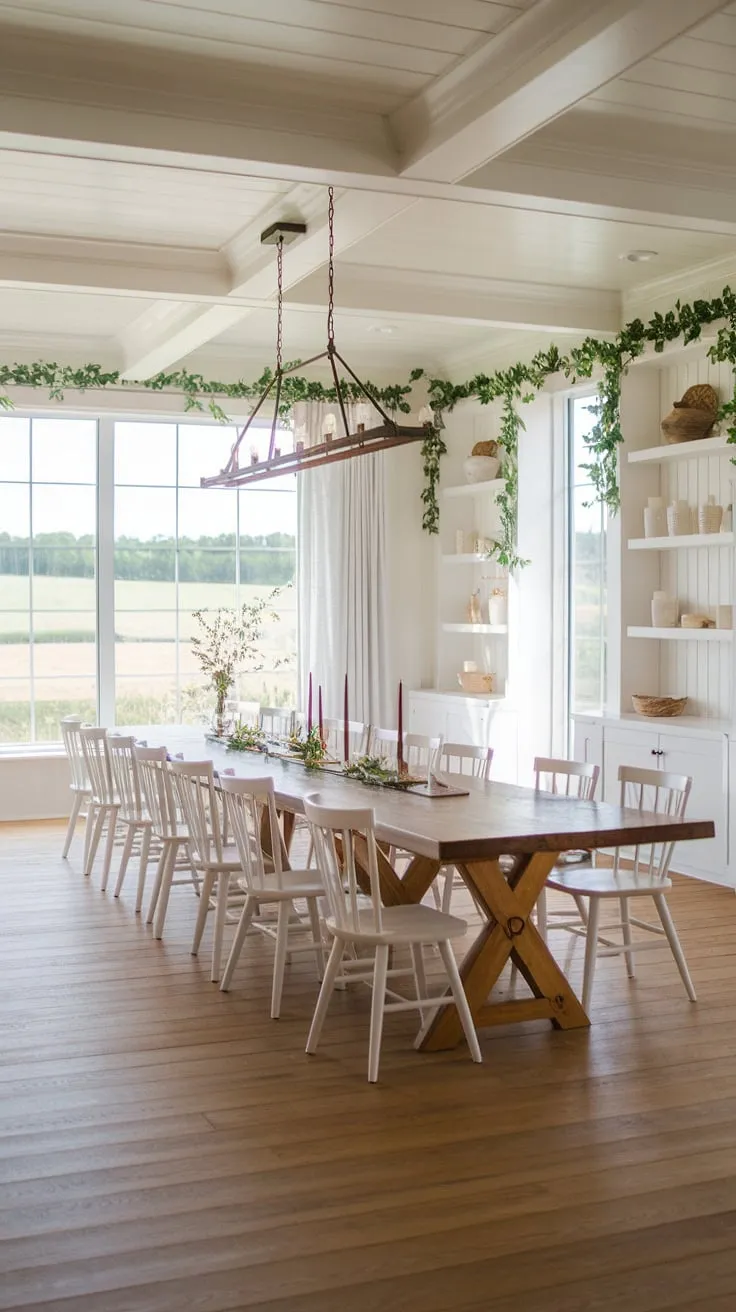 Bathed in natural light, this modern farmhouse dining room showcases a long wooden table and white chairs, enhanced by rustic decor and greenery, embodying the essence of modern farmhouse interiors.