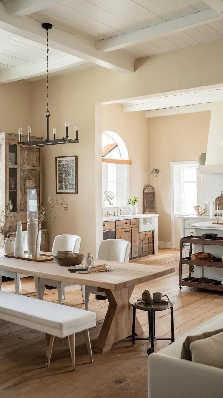 This modern farmhouse dining room and kitchen blend rustic charm with contemporary farmhouse style, featuring a large wooden table, white chairs, and charming farmhouse decor against soft beige walls.
