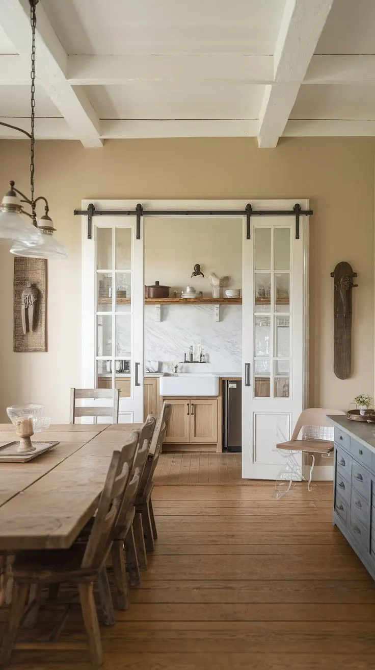The charming modern farmhouse dining room, adorned with rustic accents and a vintage light fixture, flows beautifully into a stylish farmhouse kitchen, showcasing the essence of modern farmhouse design.