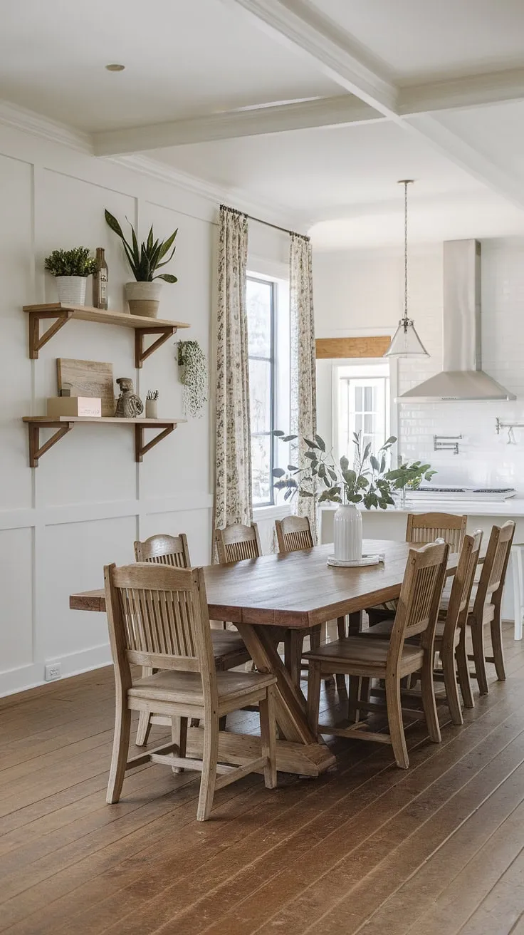 With its cute farmhouse design, this modern farmhouse dining room showcases a wooden table, decorative shelves, and a stylish kitchen, creating a warm and inviting atmosphere.