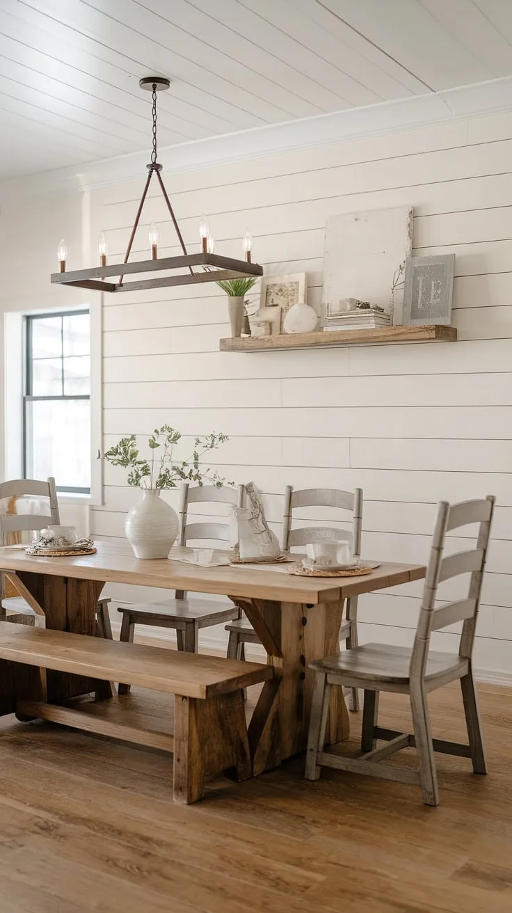 With its wooden flooring, shiplap walls, and charming decor, this modern farmhouse dining room embodies the essence of modern farmhouse interiors and farmhouse dining decor.