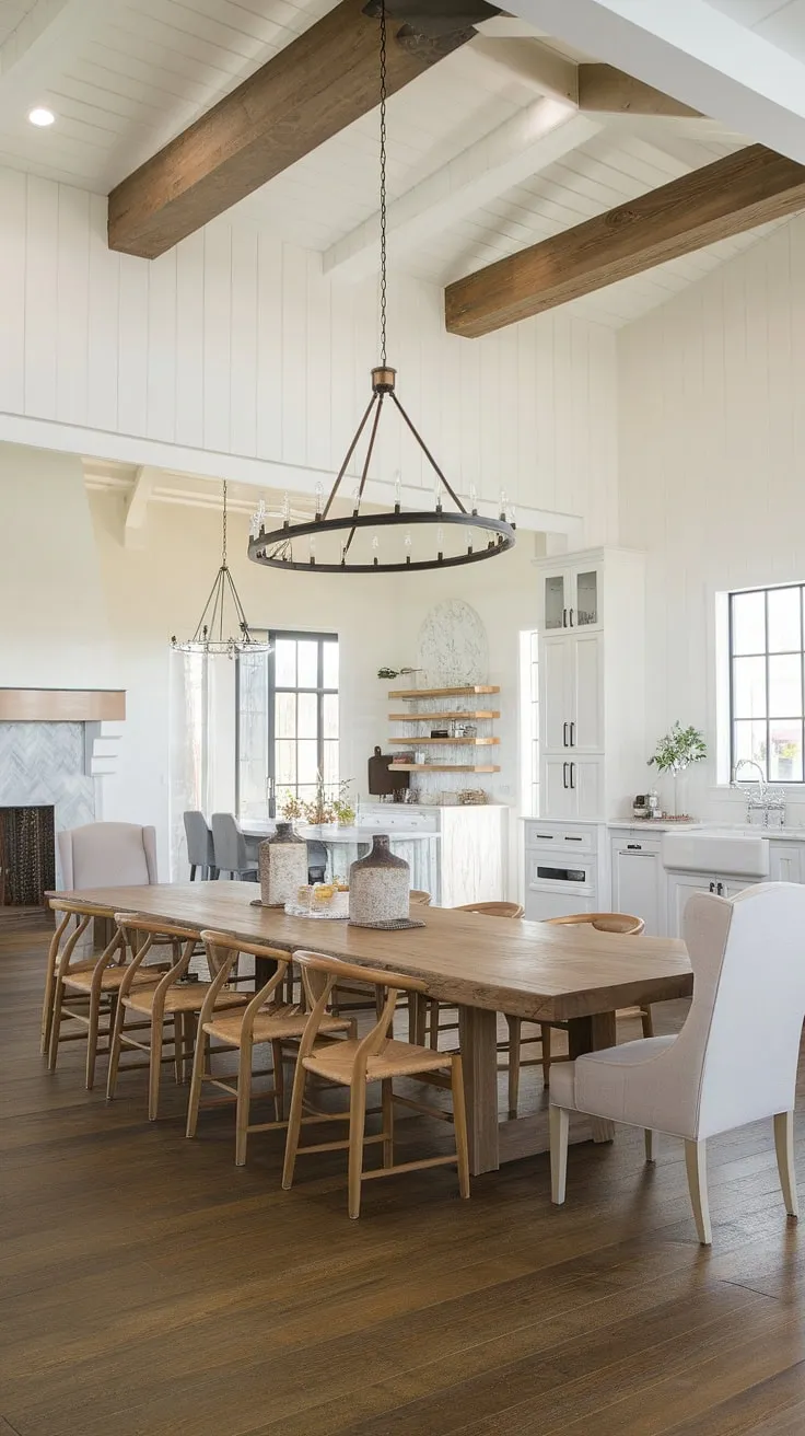 This stunning modern farmhouse dining room features a large wooden table under a rustic chandelier, complemented by a contemporary farmhouse kitchen with white cabinets and a marble countertop, showcasing the perfect blend of modern farmhouse design and farmhouse decor.