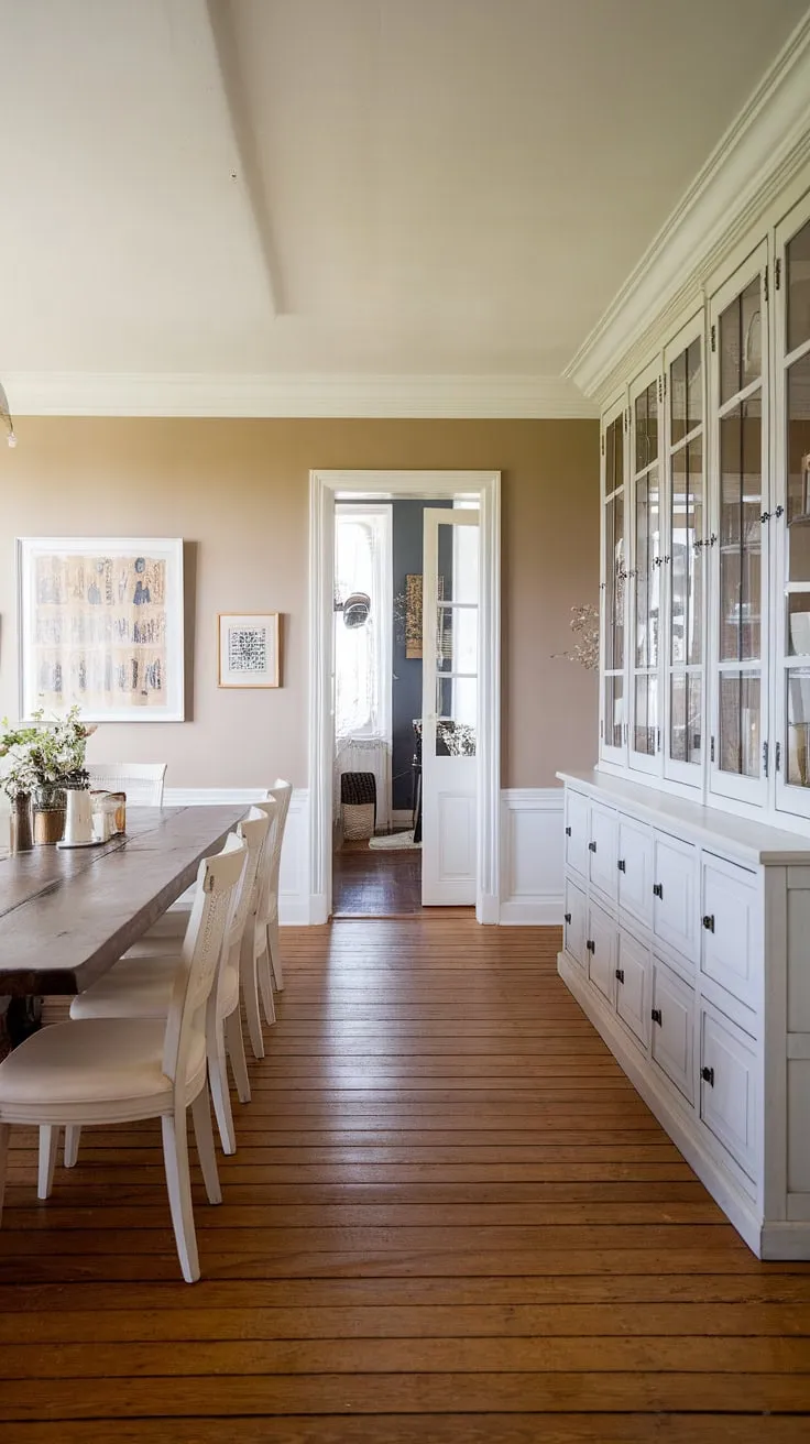 This modern farmhouse dining room features a long wooden table and white chairs, complemented by beige walls adorned with artwork and a stylish white cabinet, embodying the charm of contemporary farmhouse design.