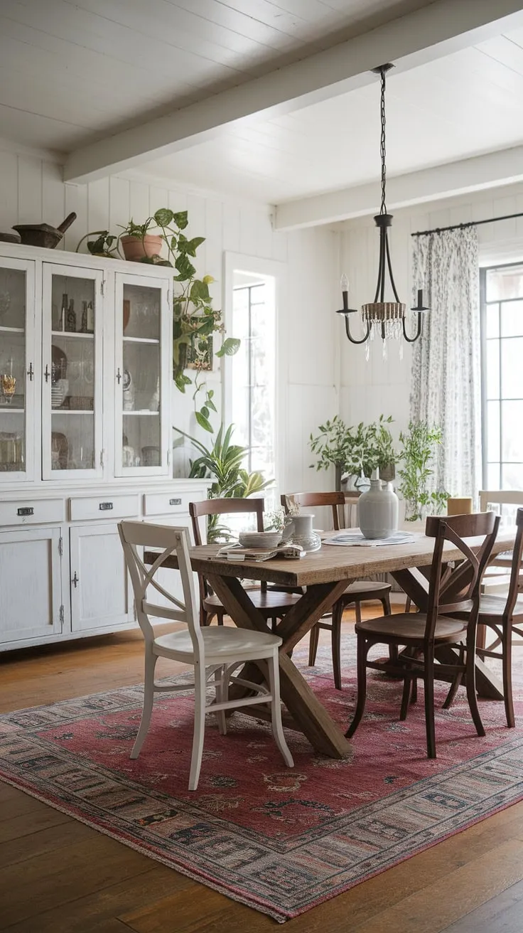 This modern farmhouse dining room showcases a rustic wooden table and chairs, complemented by farmhouse decor and contemporary farmhouse elements like a vintage rug and soft lighting.