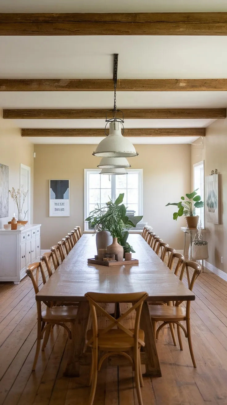 Featuring a warm beige palette and industrial lighting, this inviting space highlights farmhouse kitchen ideas and modern farmhouse interiors for a cozy dining experience.