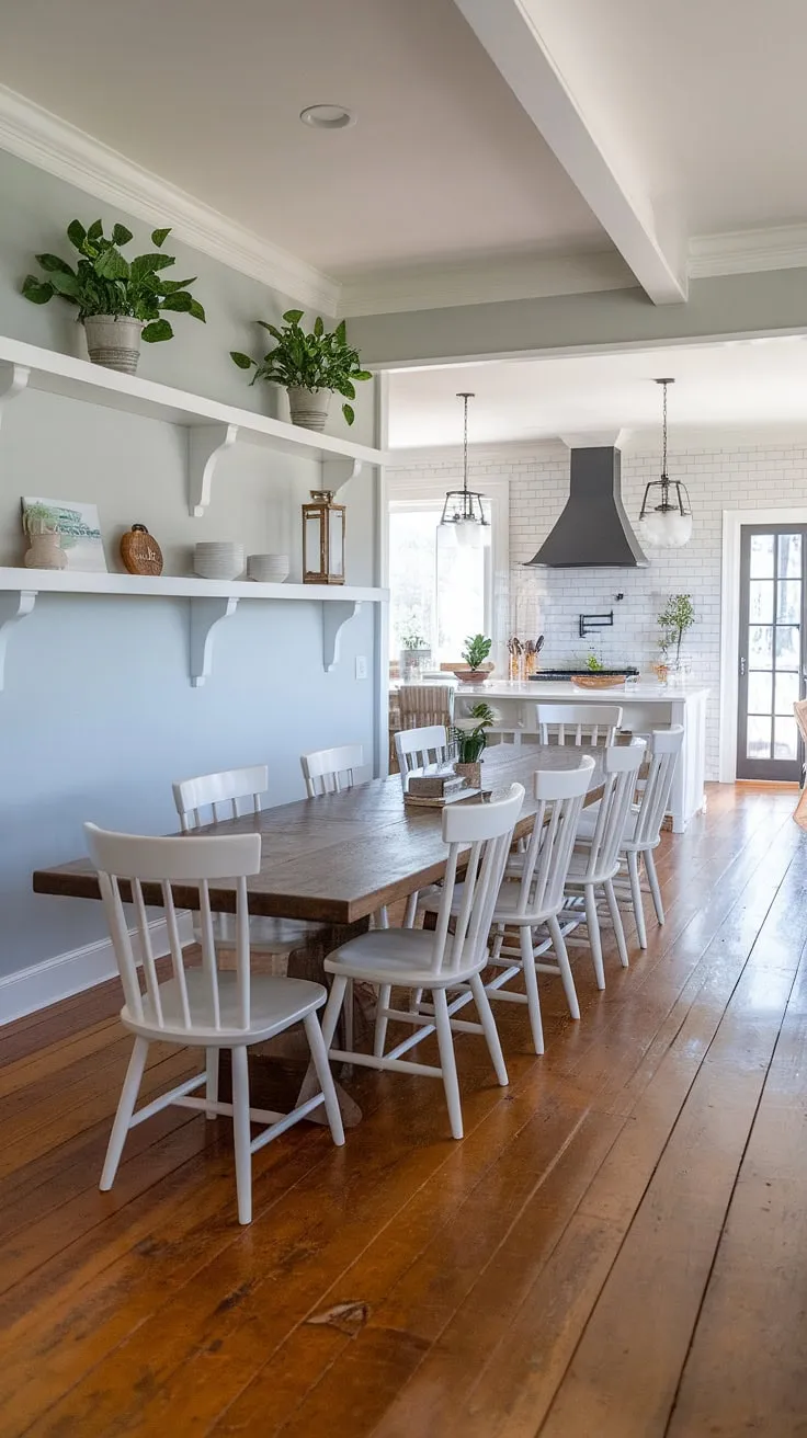 The charming modern farmhouse dining room showcases a long wooden table and white chairs, harmonizing with a stylish farmhouse kitchen and inviting decor for a cozy yet modern farmhouse style.