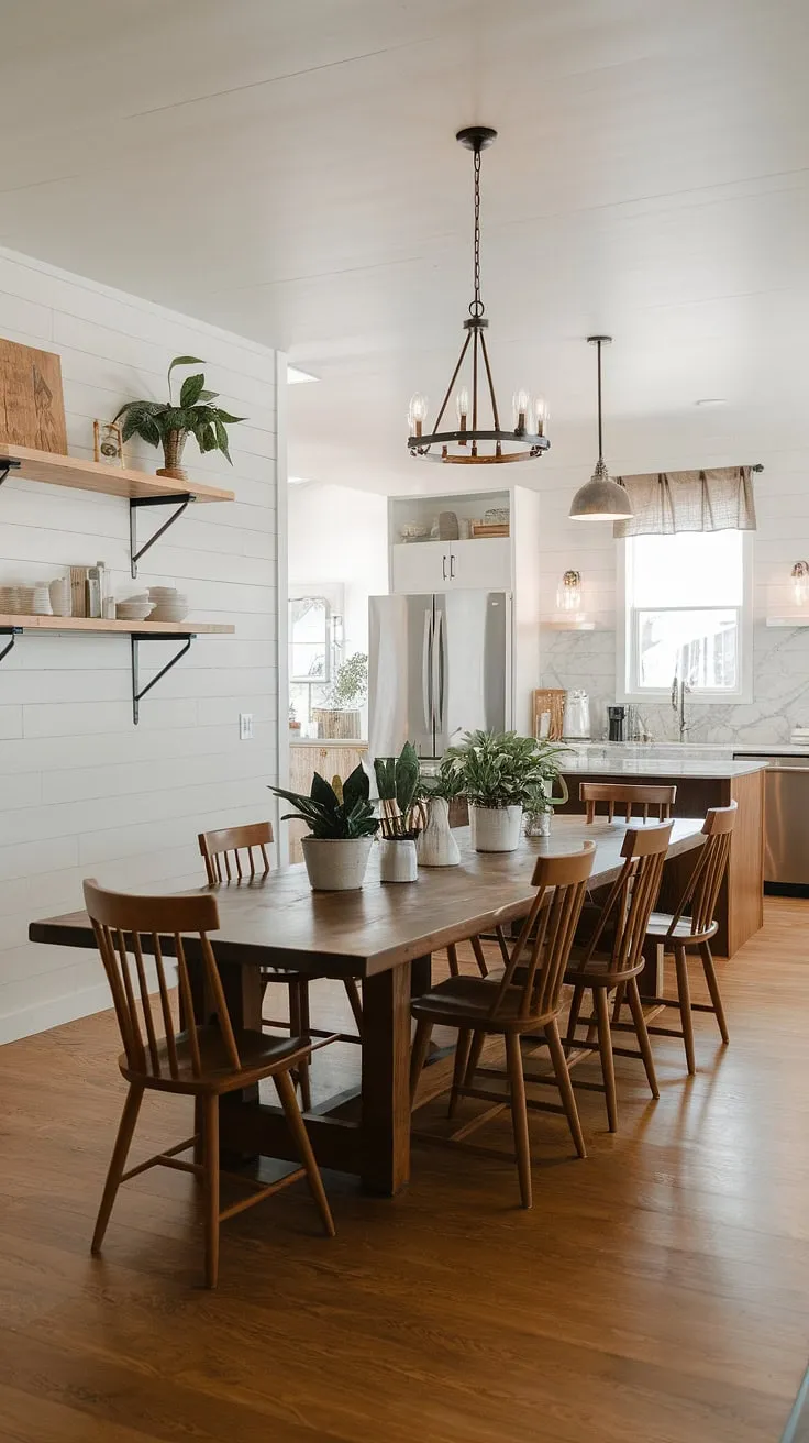 With its white walls, wooden shelves, and a stunning chandelier, this modern farmhouse dining room showcases the charm of modern farmhouse style and cute farmhouse design.