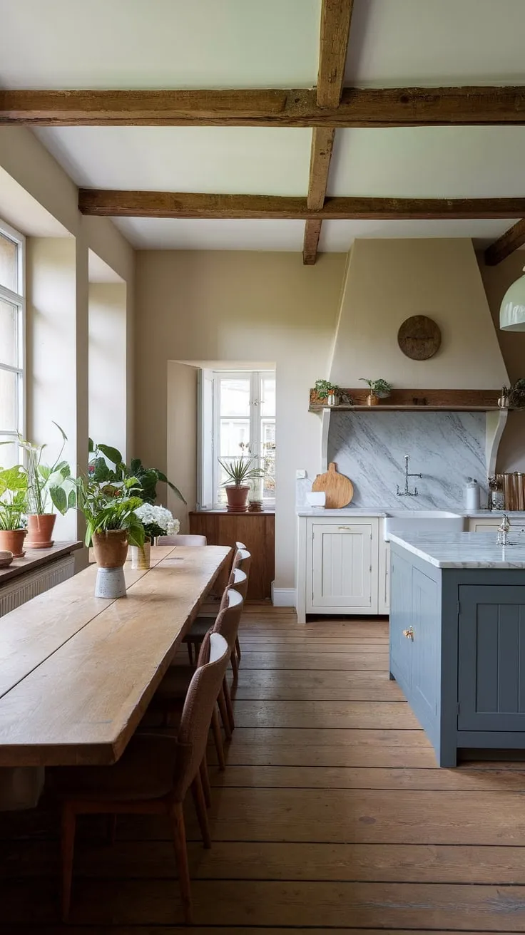 This modern farmhouse dining room features a rustic kitchen with a grey island and marble countertop, complemented by farmhouse decor and contemporary farmhouse style elements like wooden beams and potted plants.