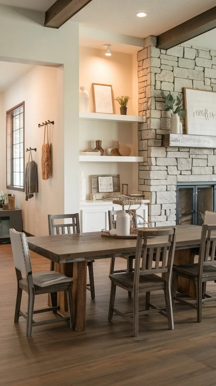 With its warm lighting and cute farmhouse design elements, this modern farmhouse dining room showcases the best of farmhouse interior kitchen ideas and modern farmhouse interiors.