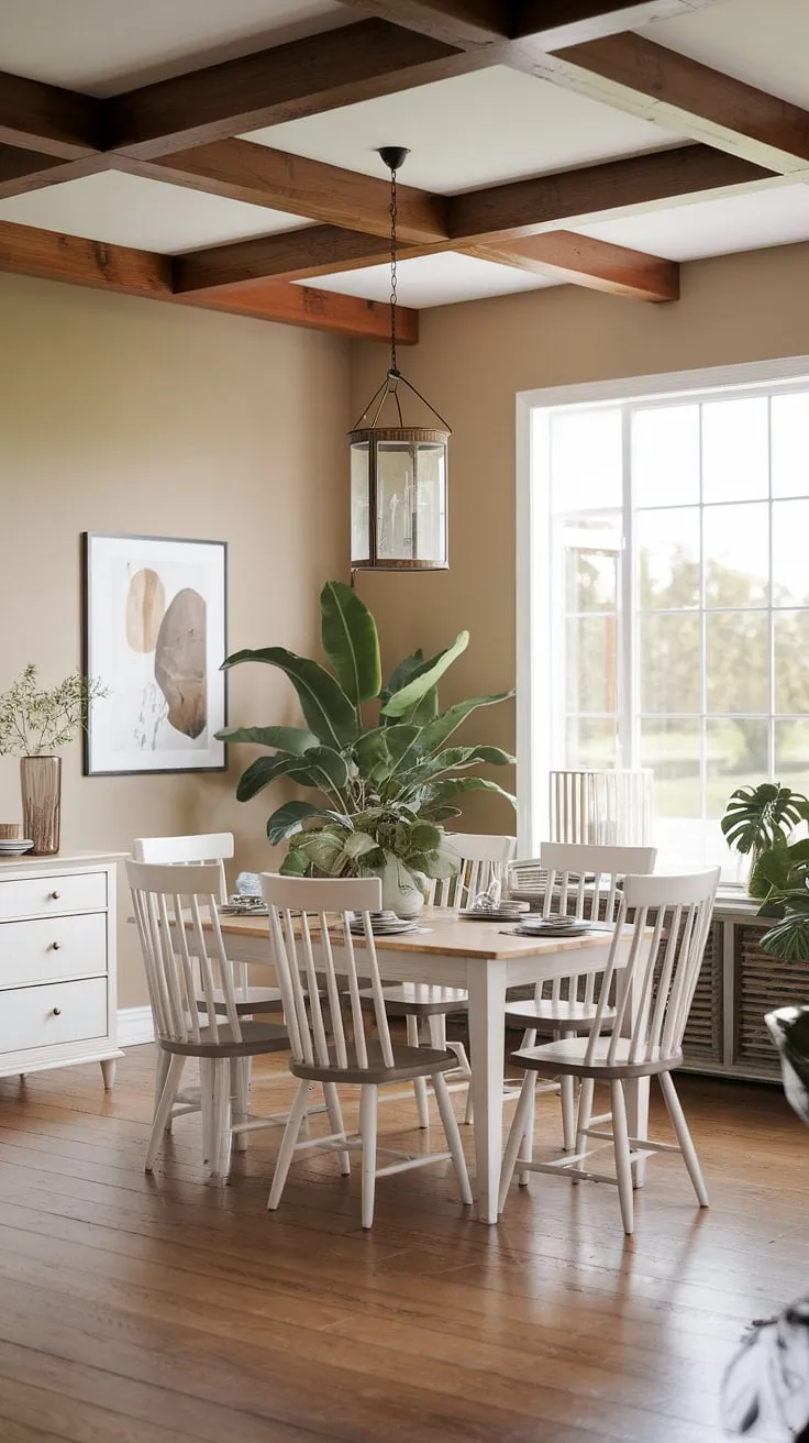 Bathed in natural light from a large window, this cute farmhouse design showcases a harmonious blend of modern farmhouse interiors and farmhouse decor.