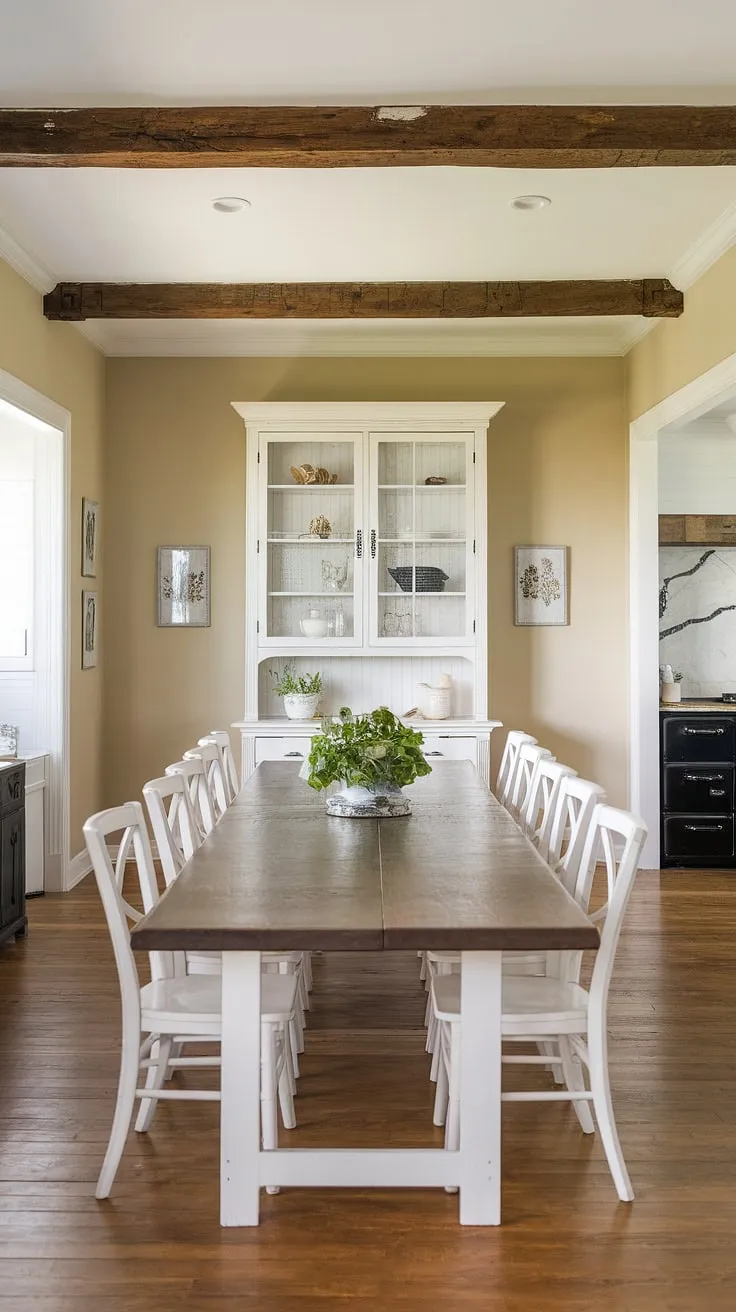 This modern farmhouse dining room features a long wooden table with white chairs, rustic wooden beams, and a stylish farmhouse kitchen in the background, showcasing contemporary farmhouse decor and cute farmhouse design elements.