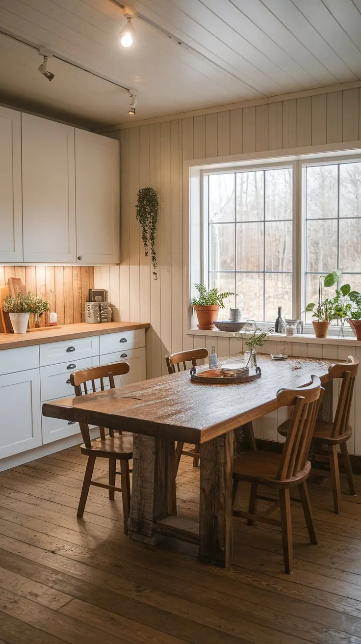 This modern farmhouse dining room features a rustic wooden table, white cabinets, and warm lighting, perfectly blending contemporary farmhouse style with charming farmhouse decor.