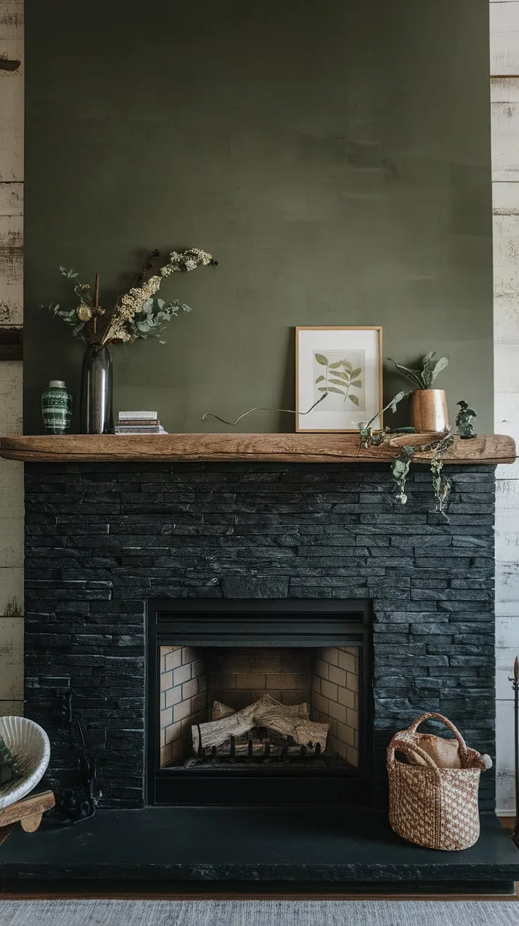 The rustic yet modern aesthetic of this living room is highlighted by a dark color black brick fireplace, unique mantle decor, and a green wall, creating a perfect blend of warmth and contemporary charm.
