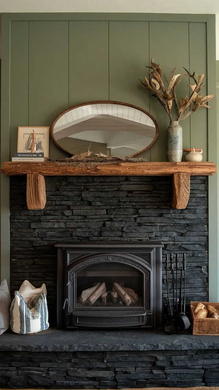 This inviting space showcases a black brick fireplace with distinctive mantle decor, a green wall, and a blend of modern fireplace decor elements for a rustic yet stylish ambiance.