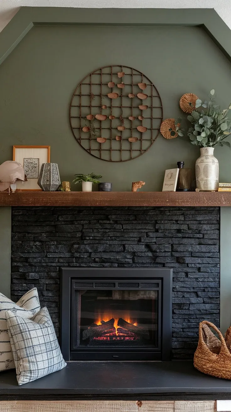 This cozy modern farmhouse living room features a striking black stack stone fireplace with a dark color surround, a cottage electric fireplace, unique mantle decor, and a refreshing green wall, making it a perfect inspiration for modern fireplace decor.