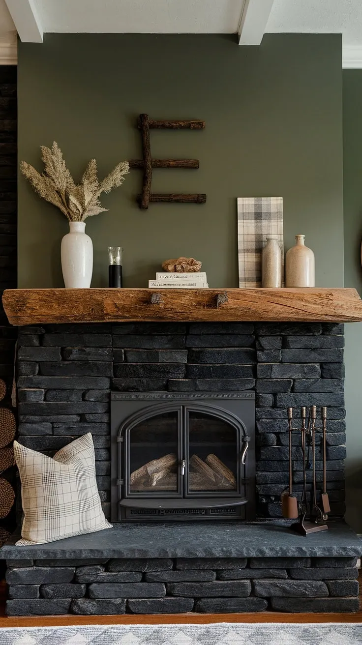 This modern farmhouse living room features a striking black stack stone fireplace with unique mantle decor, complemented by a green wall and a cozy cottage electric fireplace, showcasing innovative living room fireplace ideas.