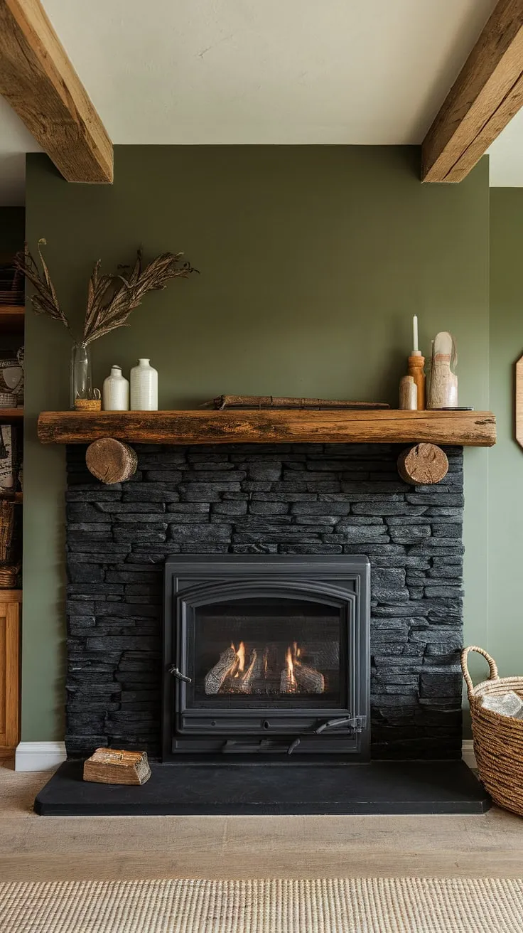 The dark-colored gas fireplace, adorned with a unique wooden log mantle and set against a green wall, enhances the modern farmhouse vibe while incorporating stylish living room fireplace ideas.