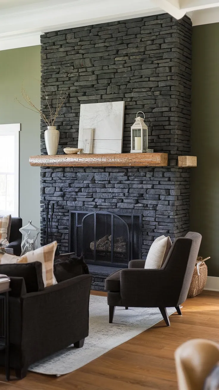The black stack stone fireplace serves as a stunning centerpiece in this modern farmhouse living room, enhanced by unique mantle decor and a refreshing green wall that harmonizes with the dark color palette.