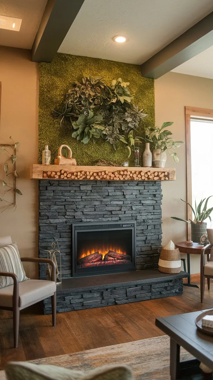 The inviting space showcases a cottage electric fireplace with a dark color palette, unique mantle decor, and a lush green wall, perfect for modern fireplace decor inspiration.