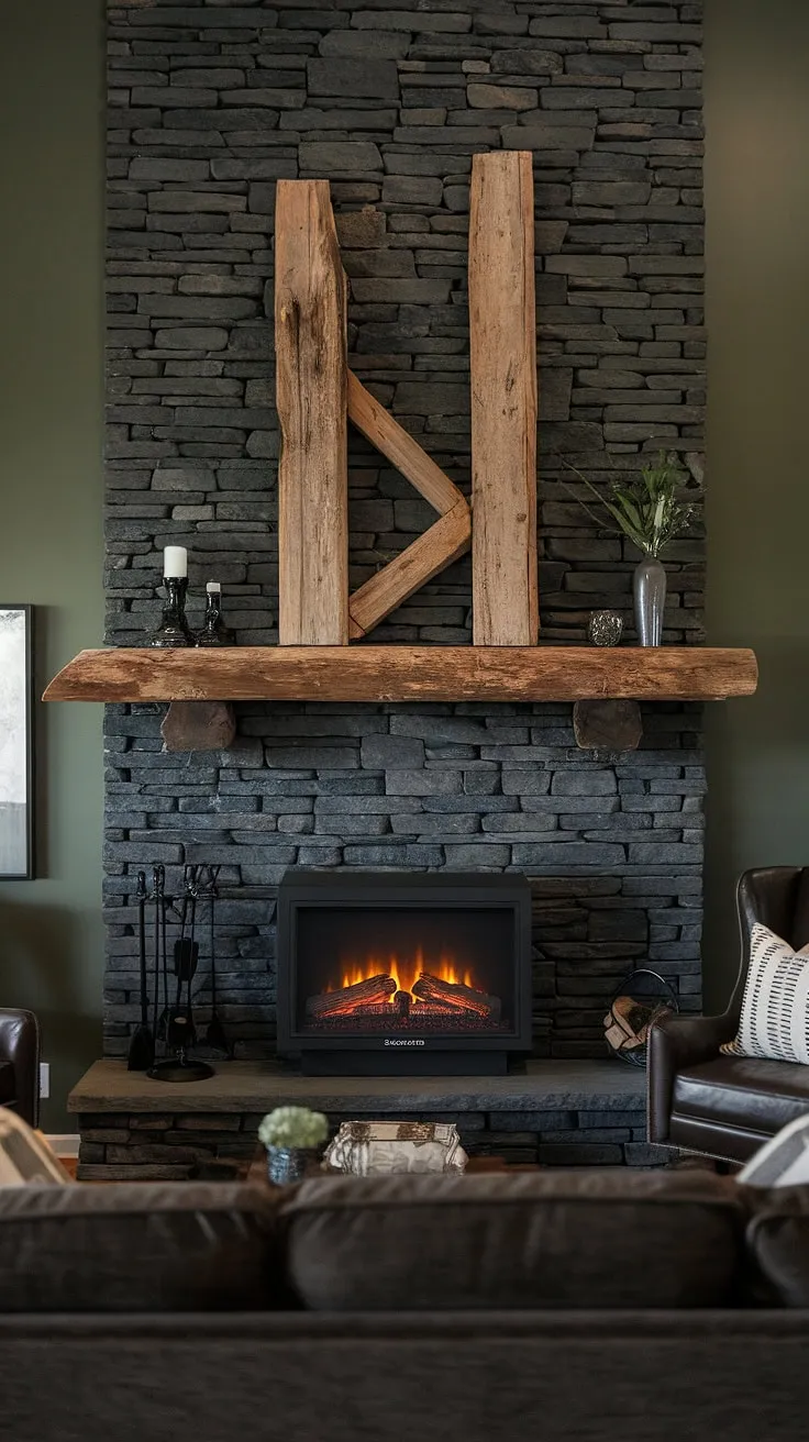 A modern farmhouse living room features a striking black stack stone fireplace with unique mantle decor, complemented by a green wall and cozy dark furnishings, while a cottage electric fireplace adds warmth to the rustic ambiance.