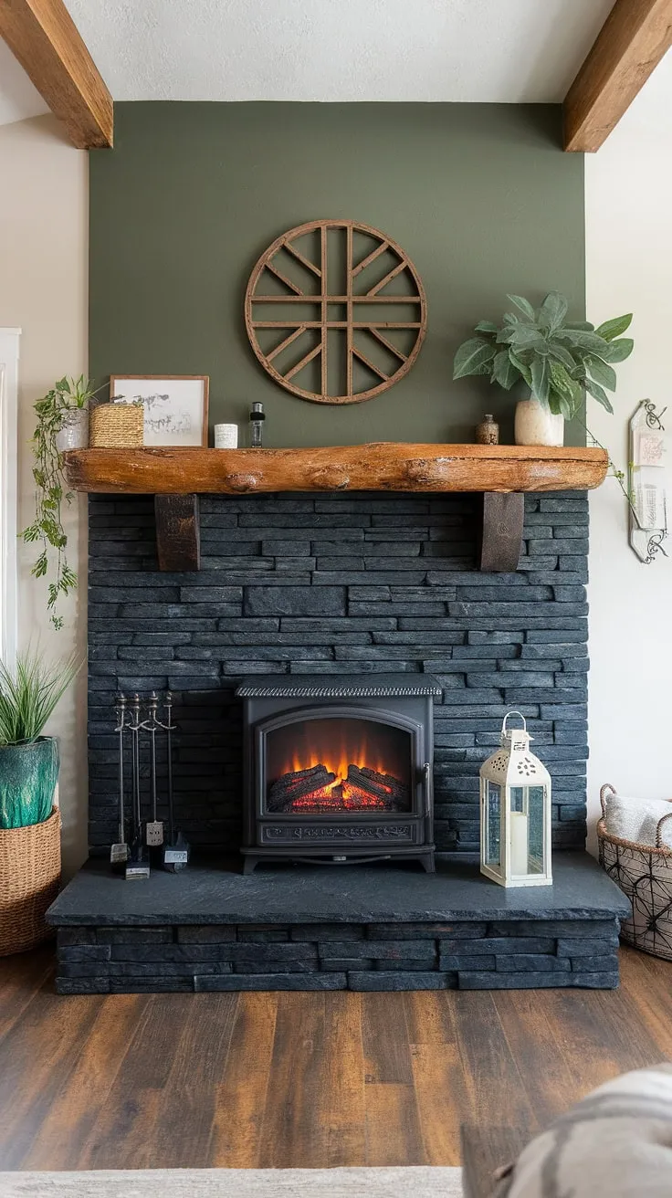 This modern farmhouse living room features a striking black stack stone fireplace with unique mantle decor, complemented by a green wall and a cozy cottage electric fireplace, creating inspiring living room fireplace ideas.