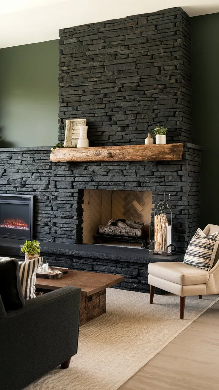 The black stack stone fireplace serves as a stunning focal point in this modern farmhouse living room, enhanced by unique mantle decor, a green wall, and a cozy cottage electric fireplace, all within a chic dark color palette.