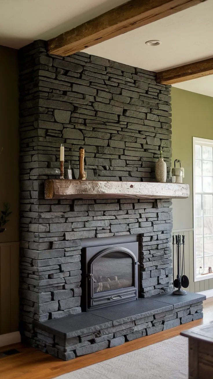 A modern farmhouse living room features a striking black stack stone fireplace with a unique mantle decor, complemented by a green wall and rustic elements, creating inspiring living room fireplace ideas.