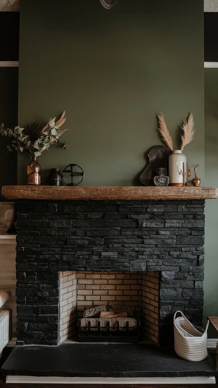 A modern farmhouse living room features a striking black stack stone fireplace adorned with unique mantle decor and a green wall, complemented by a cozy dark color scheme, a cottage electric fireplace, and stylish gas fireplace surround ideas.