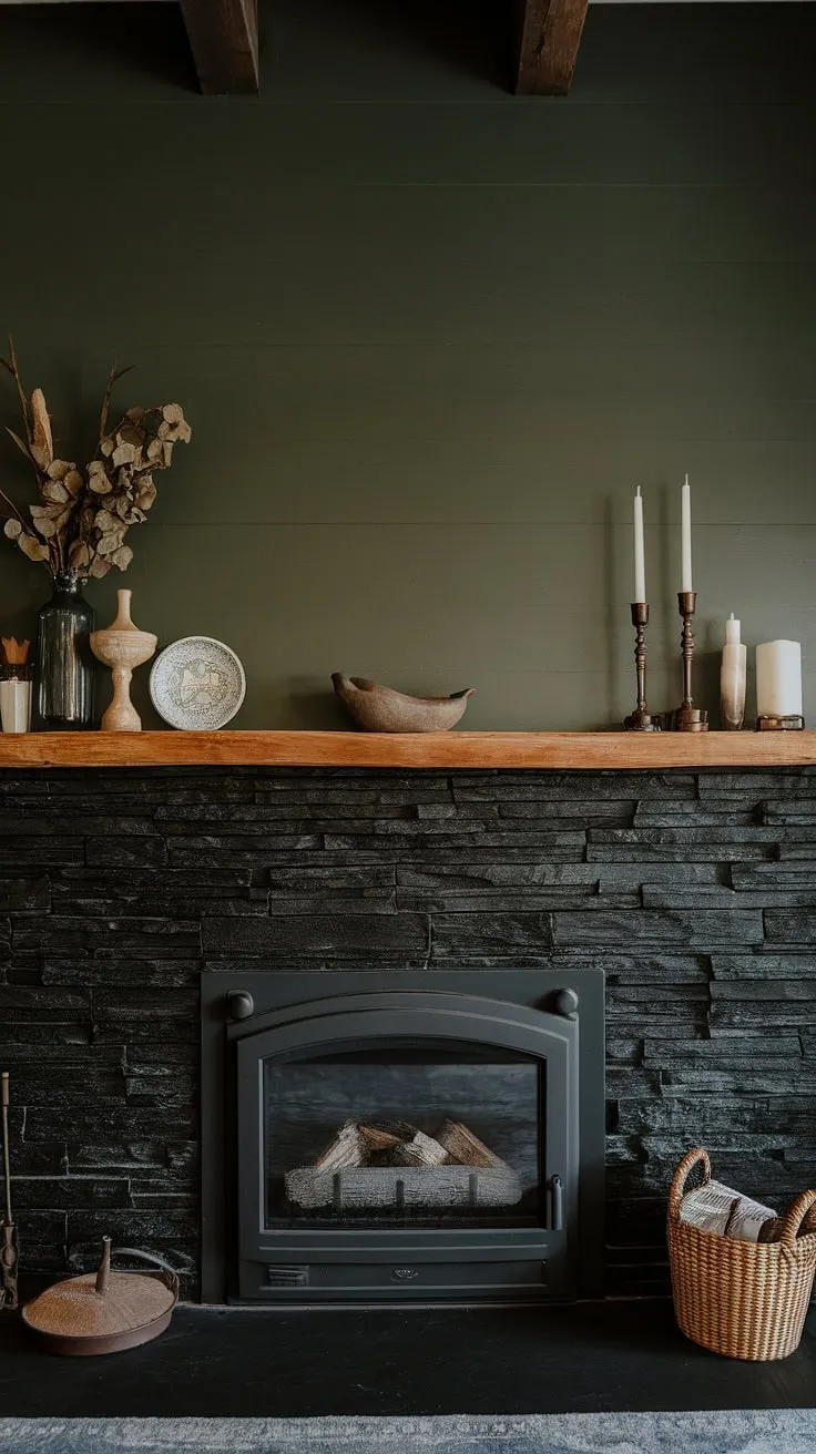 A modern farmhouse living room features a striking black stack stone fireplace adorned with unique mantle decor and a green wall, complemented by a cozy cottage electric fireplace and stylish gas fireplace surround ideas.