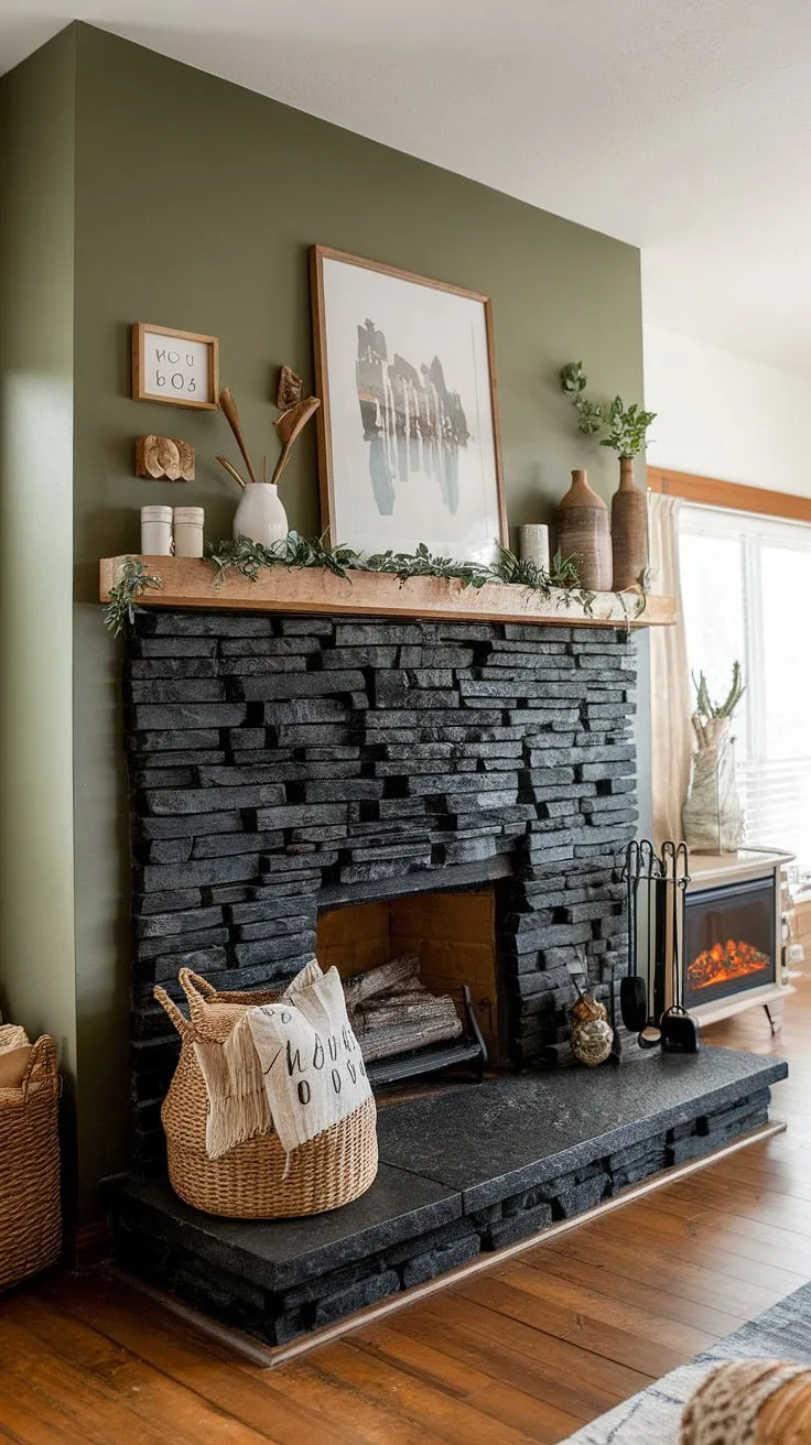 This modern farmhouse living room features a striking black stack stone fireplace with unique mantle decor against a lush green wall, complemented by a cozy cottage electric fireplace and rustic wooden floors.