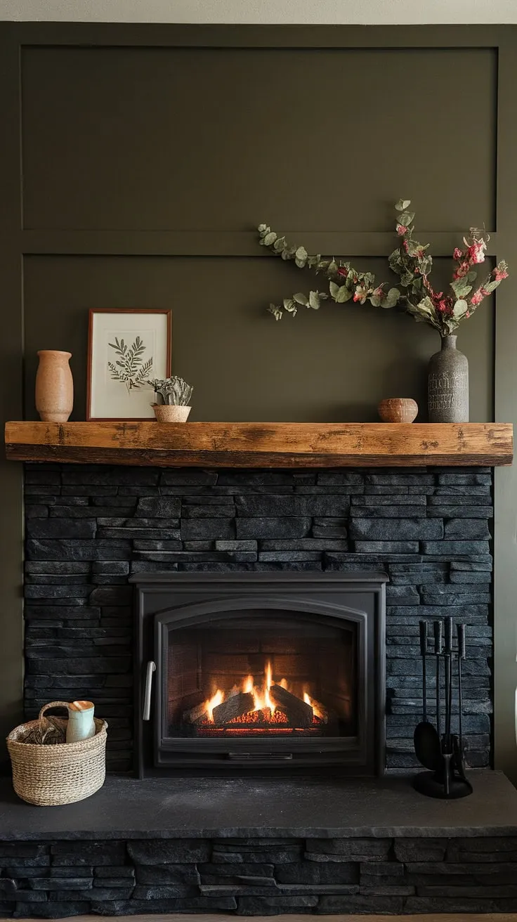 The inviting ambiance of this modern farmhouse showcases a black stack stone fireplace with a dark green wall and unique mantle decor, alongside a cottage electric fireplace for chic modern fireplace decor.