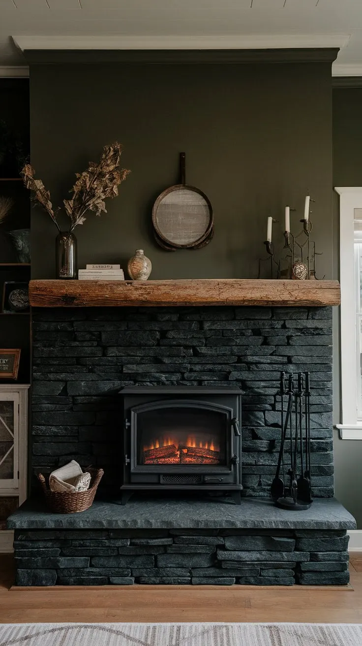 The dark color fireplace, adorned with rustic wooden beams and decorative items, enhances the charm of this modern fireplace decor in a cozy farmhouse setting.