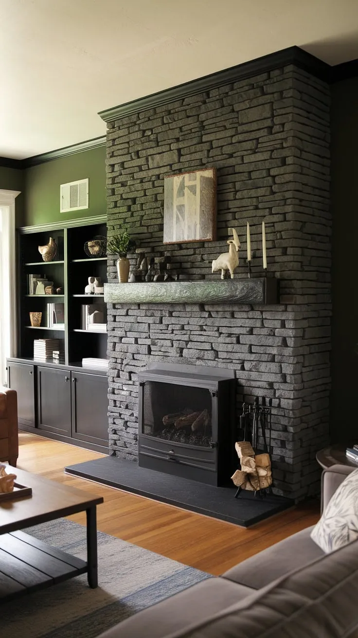 This modern farmhouse living room features a striking black stack stone fireplace with unique mantle decor, complemented by a green wall and dark color palette, showcasing innovative living room fireplace ideas like a cottage electric fireplace and stylish gas fireplace surround.