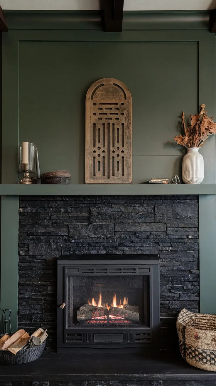 This modern farmhouse living room features a striking black stack stone fireplace with a green wall surround and unique mantle decor, showcasing innovative living room fireplace ideas in a dark color scheme.