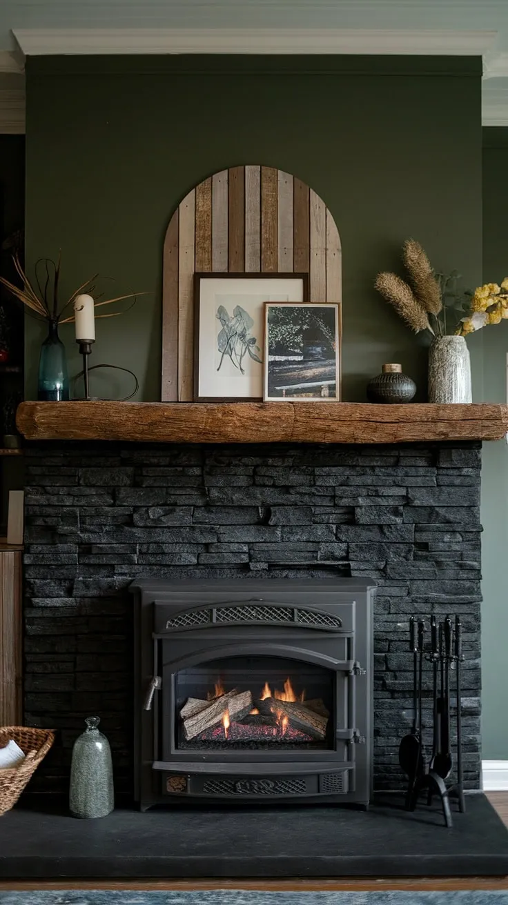 This cozy modern farmhouse living room features a black stack stone fireplace with unique mantle decor, a green wall, and a cottage electric fireplace, creating inviting dark color fireplace ideas.