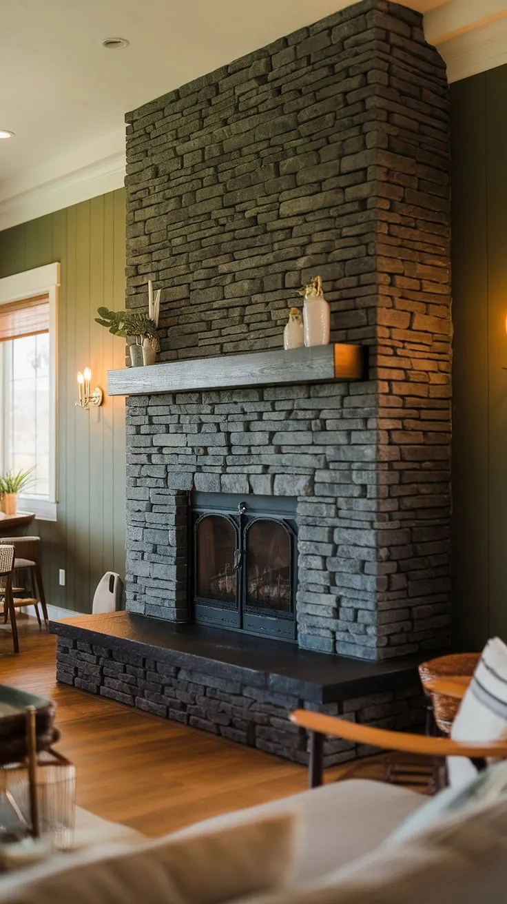 This cozy space features a dark color fireplace as the focal point, enhanced by modern fireplace decor and a charming cottage electric fireplace vibe.