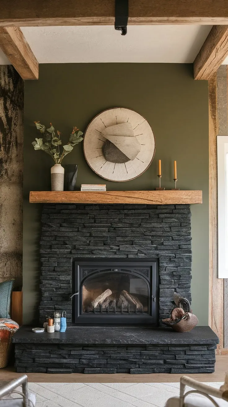 The black stack stone fireplace, adorned with unique mantle decor and surrounded by a green wall, enhances the cozy charm of this modern farmhouse living room filled with dark color accents and rustic touches.