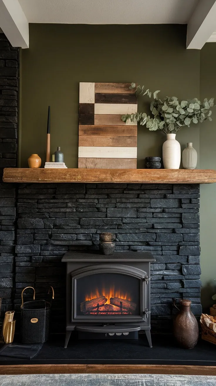 The dark color scheme enhances the modern fireplace decor, showcasing a black brick fireplace and inspiring living room fireplace ideas.
