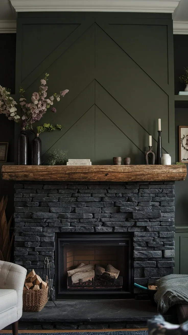 This inviting modern farmhouse living room showcases a black stack stone fireplace with unique mantle decor against a green wall, enhanced by a dark color palette and creative gas fireplace surround ideas, including a charming cottage electric fireplace.
