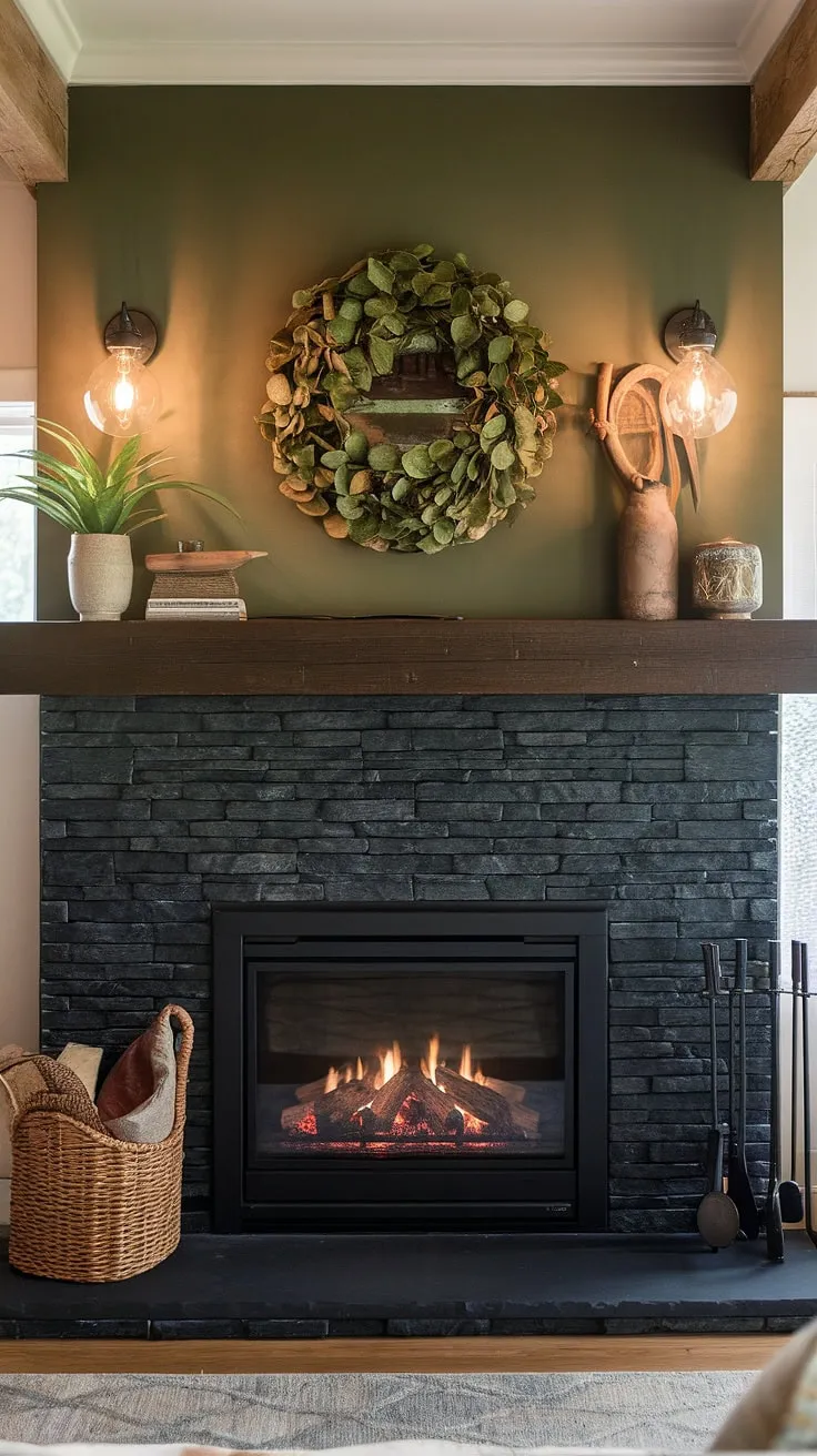 The gas fireplace, surrounded by black brick and unique mantle decor, enhances the cottage aesthetic of this modern farmhouse, creating inviting living room fireplace ideas with a touch of greenery.