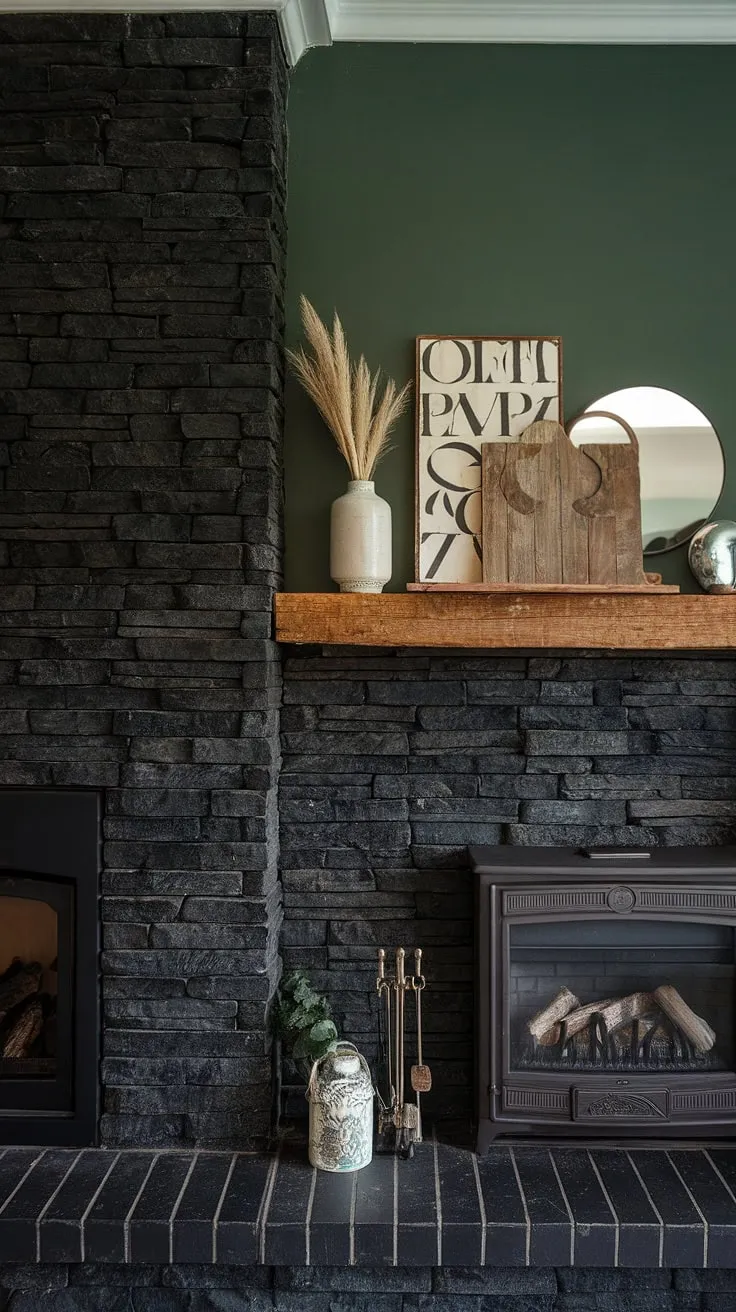 The living room showcases a black stack stone fireplace with unique mantle decor, a green wall, and a cottage electric fireplace, creating a stylish modern farmhouse aesthetic with dark tones.