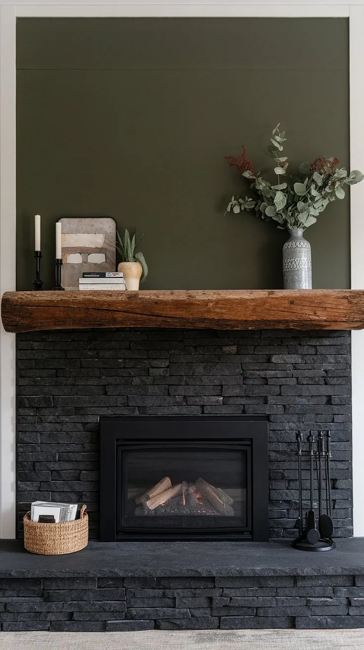 This modern farmhouse living room features a striking black stack stone fireplace with unique mantle decor, complemented by a green wall and a cozy cottage electric fireplace, blending modern fireplace decor with rustic charm.