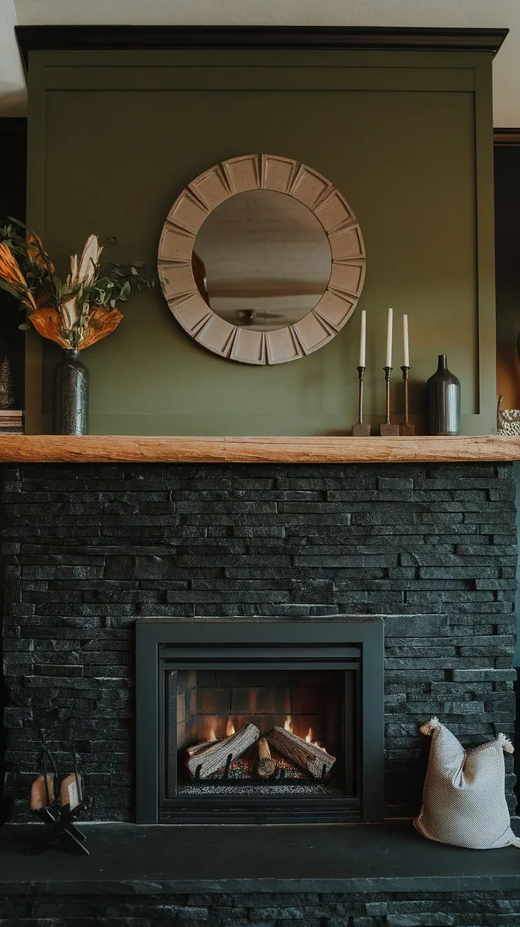 A modern farmhouse living room features a striking black stack stone fireplace with unique mantle decor against a green wall, complemented by a cozy cottage electric fireplace and dark color scheme for inviting living room fireplace ideas.