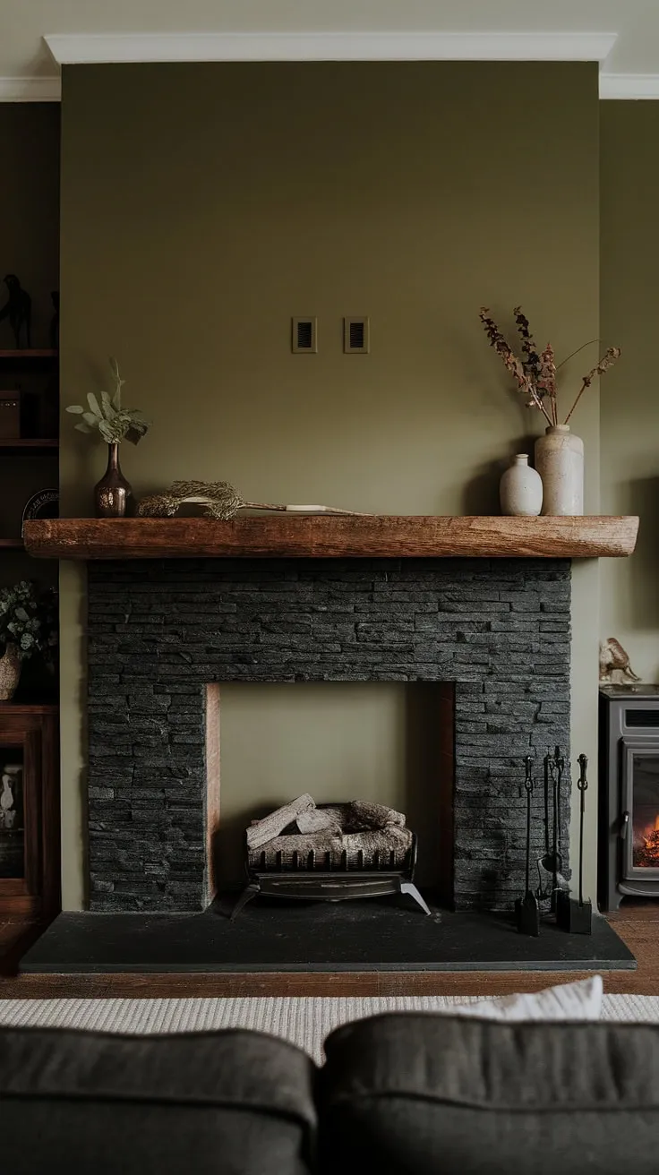 This modern farmhouse living room features a striking black stack stone fireplace with unique mantle decor, complemented by a green wall and dark color scheme, while a cozy cottage electric fireplace adds charm to the space.
