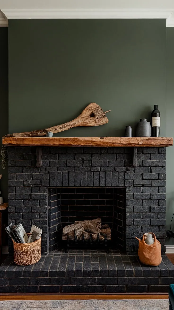 This modern farmhouse living room showcases a black stack stone fireplace with unique mantle decor, a green wall, and a dark color palette, highlighting innovative living room fireplace ideas such as a black brick gas fireplace surround.
