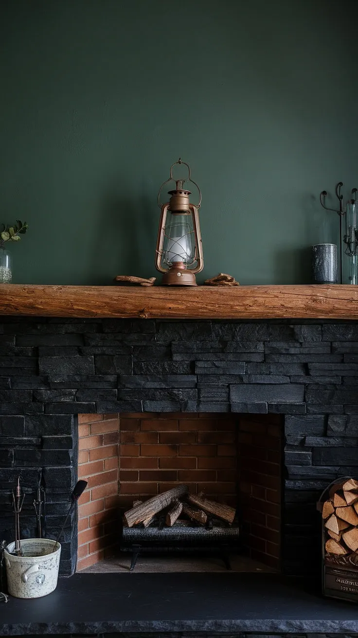 The rustic charm of this modern farmhouse is highlighted by a dark color black stack stone fireplace, unique mantle decor, and a green wall, creating inviting living room fireplace ideas with a cottage electric fireplace.